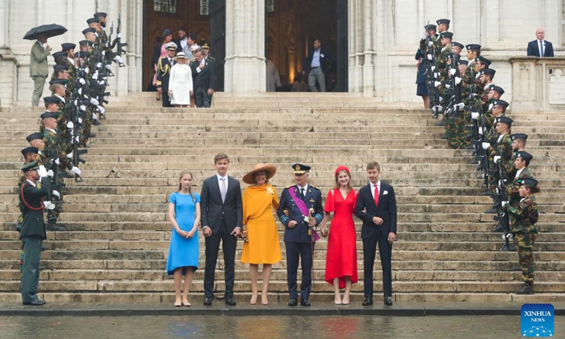 King Philippe (3rd R), Queen Mathilde (3rd L), Princess Elisabeth (2nd R), Prince Gabriel (2nd L), Prince Emmanuel (1st R), and Princess Eleonore (1st L) of Belgium attend an event of Belgian National Day celebrations in Brussels, Belgium, July 21, 2022. Belgium celebrated its National Day on July 21.(Photo: Xinhua)