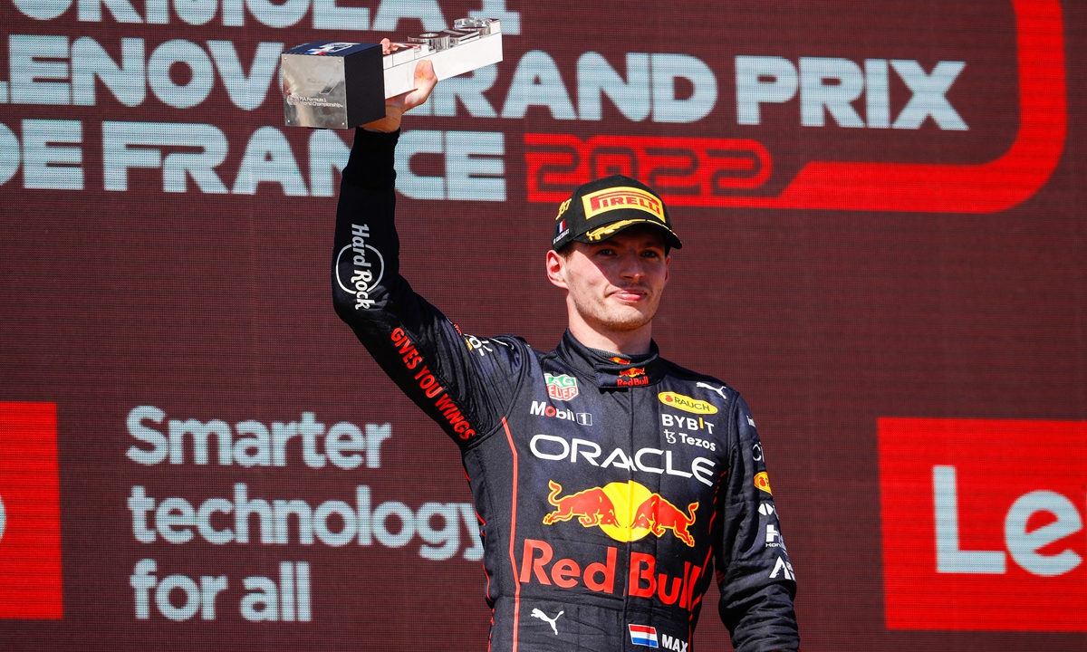 Dutch driver Max Verstappen celebrates on the podium of the French Formula One Grand Prix at the Circuit Paul-Ricard in Le Castellet, southern France on July 24, 2022. Photo: AFP
