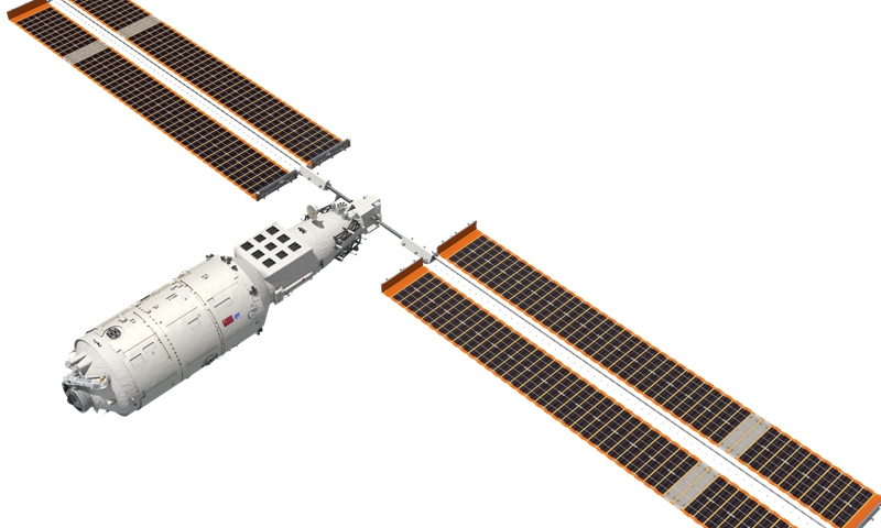 The full wingspan of the solar panels on the Wentian is more than 55 meters, longer than half a soccer field, and each panel has an unfolded area of about 110 square meters. Photo: Courtesy of CASC