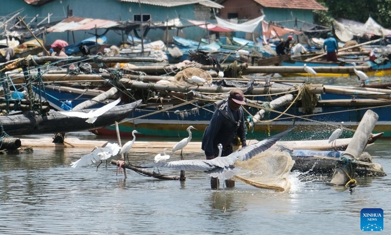 Fishermen work at a fishing village in Negombo, Sri Lanka, July 26, 2022. Due to the shortage of fuel oil, many Sri Lankan fishermen turned to traditional man-powered sailboats to fish for a living.(Photo: Xinhua)