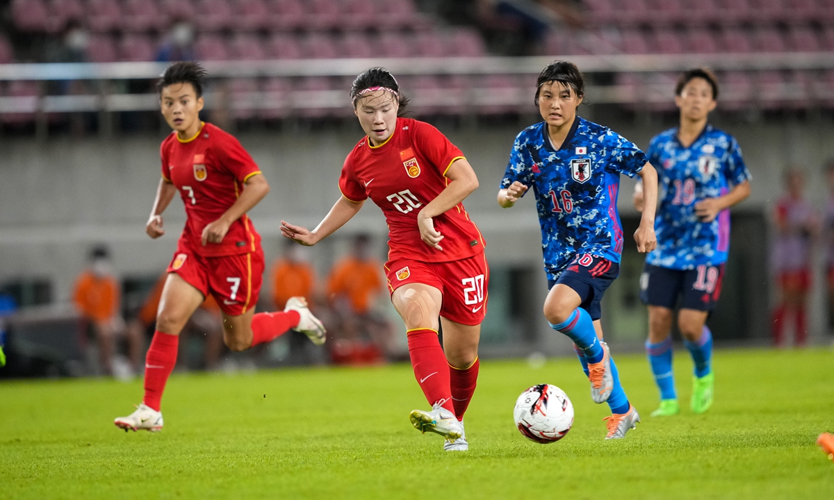 China's national women's soccer team compete with Japan at East Asian Football Championship game in Kashima, Japan on July 26, 2022. Photo: Xinhua