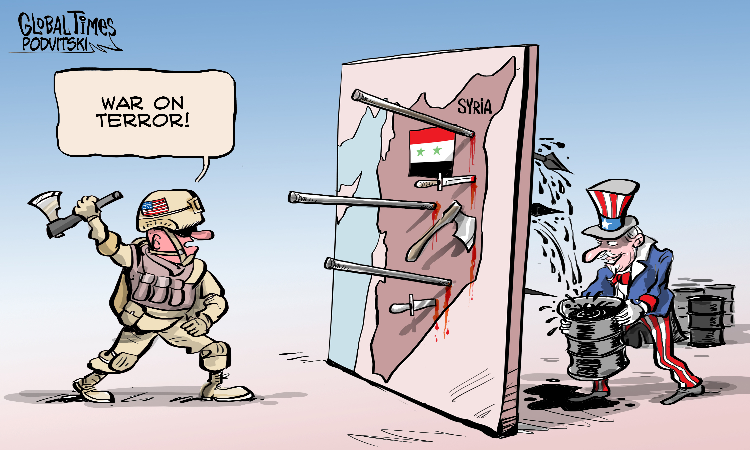 US plunders oil in Syria. Cartoon: Vitaly Podvitski 