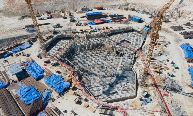 Aerial photo taken on June 27, 2022 shows the construction site of the T01 Iconic Tower of the Alamein Downtown Towers Project in New Alamein, Egypt. China State Construction Engineering Corporation (CSCEC) on Sunday started the construction of the main structures of five residential skyscrapers in New Alamein City on Egypt's Mediterranean northern coast. Photo: Xinhua