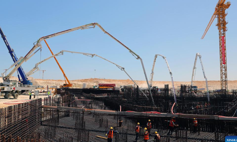 Aerial photo taken on June 27, 2022 shows the construction site of the T01 Iconic Tower of the Alamein Downtown Towers Project in New Alamein, Egypt. China State Construction Engineering Corporation (CSCEC) on Sunday started the construction of the main structures of five residential skyscrapers in New Alamein City on Egypt's Mediterranean northern coast. Photo: Xinhua