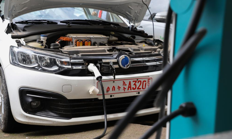 An electrical vehicle imported by Green Tech Africa is charged at its showroom in Addis Ababa, Ethiopia, on July 22, 2022. Photo: Xinhua