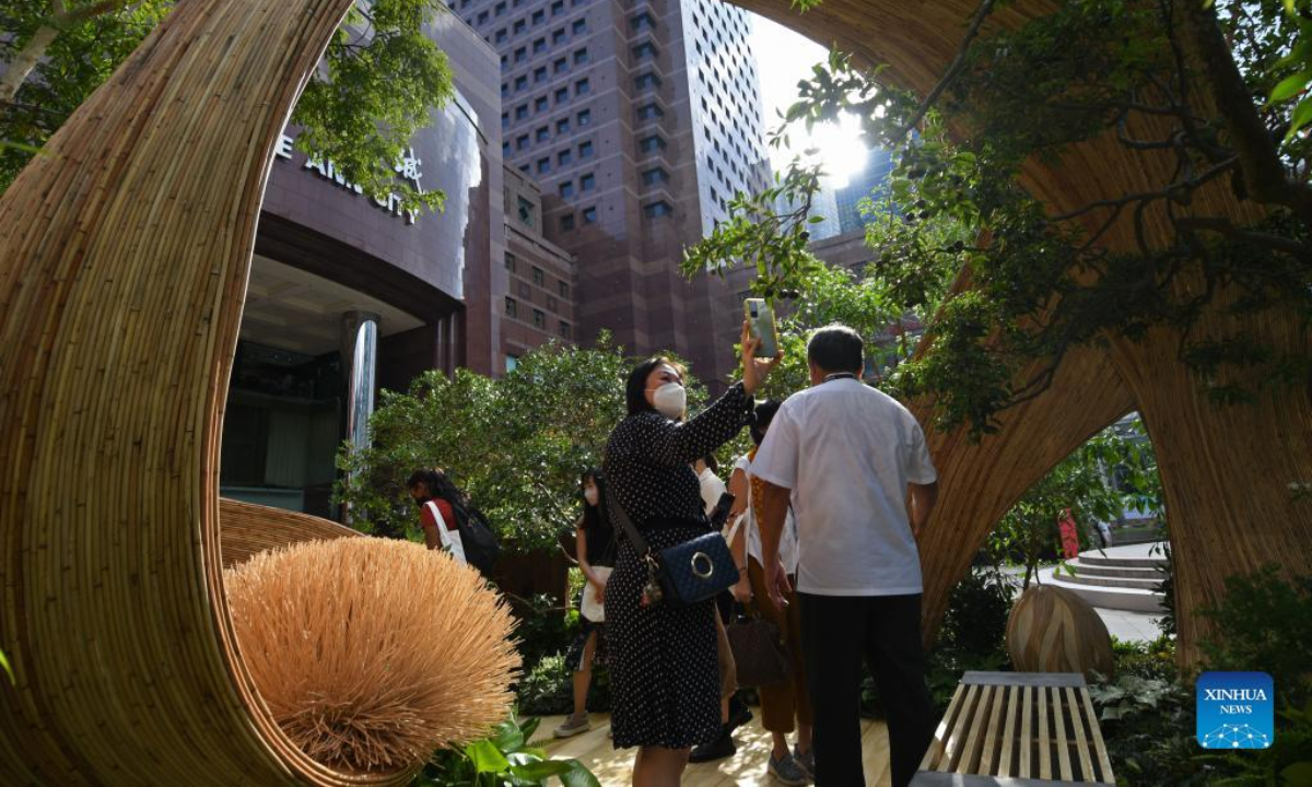 People view the participating works of the Show Garden competition, as part of the media preview of the Singapore Garden Festival in Singapore on July 29, 2022. The Singapore Garden Festival will be held from July 30 to Aug 7. Photo:Xinhua