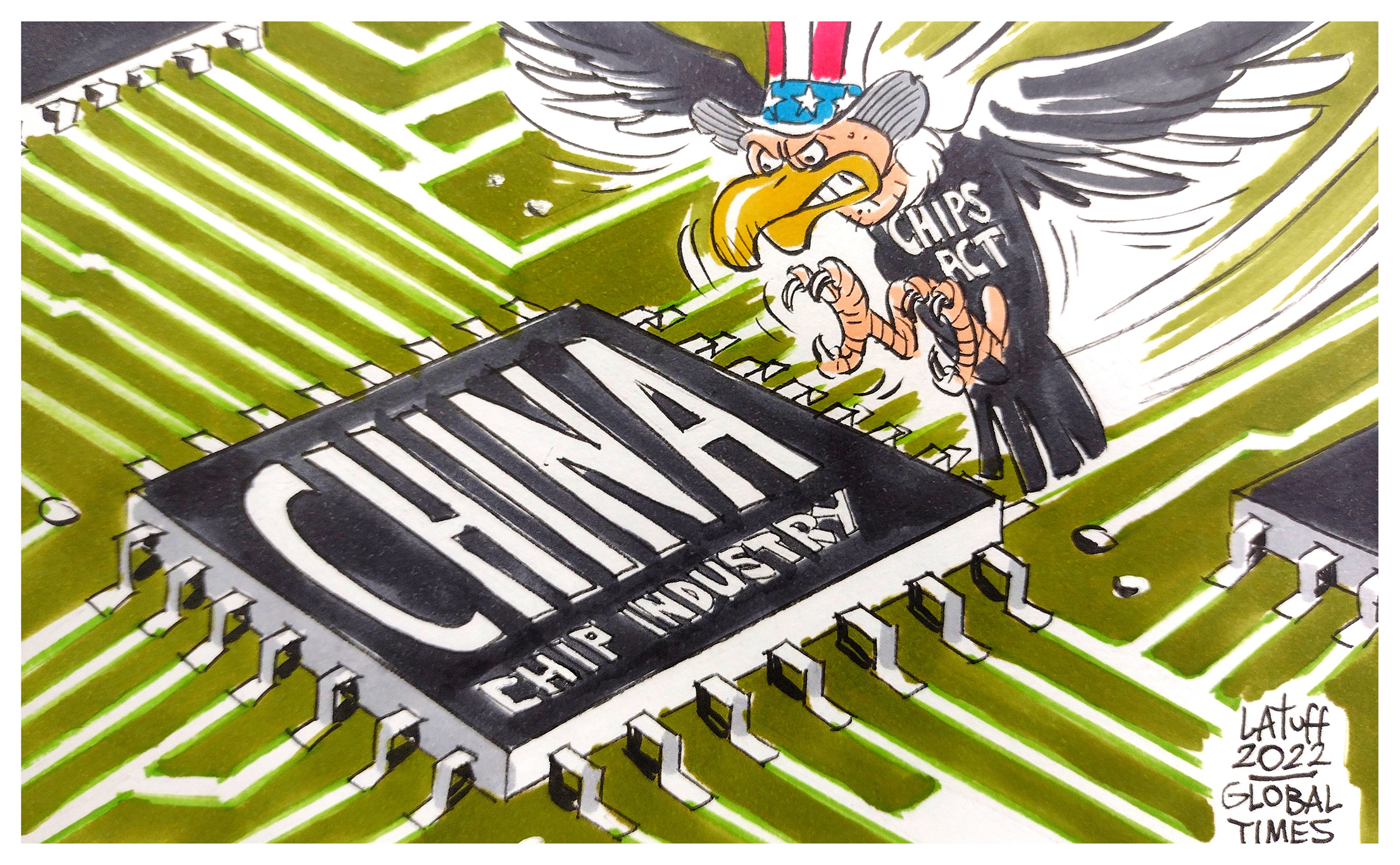 US claws at China’s chip industry fanning flames on tech confrontation. Cartoon: Carlos Latuff