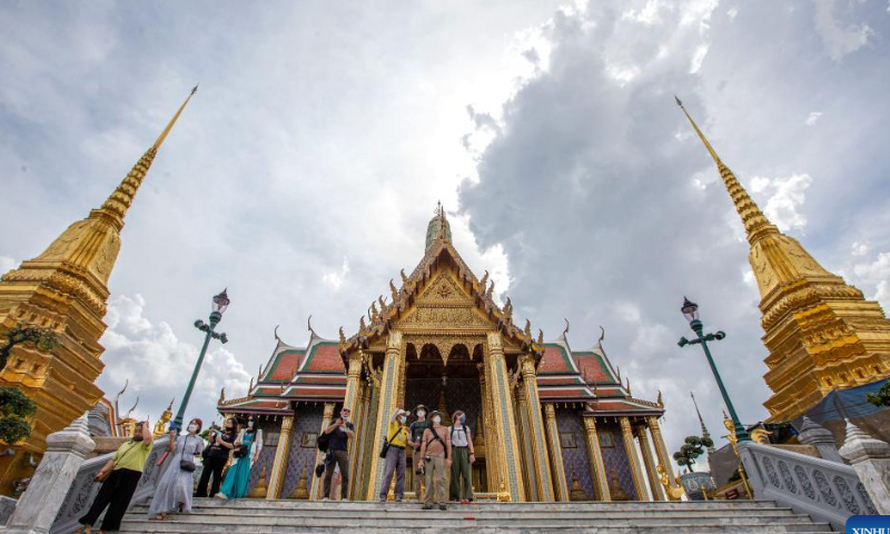 Tourists are seen at the Grand Palace scenic spot in Bangkok, Thailand, on July 31, 2022. Thailand received more than 2 million foreign tourists in the first half of 2022. According to the forecast of the Ministry of Tourism and Sports, the number of tourists is expected to reach 9 million in this year. Photo: Xinhua