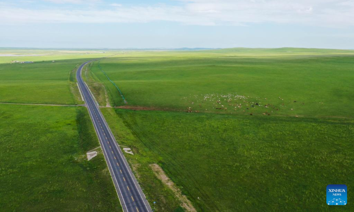 Aerial photo taken on July 27, 2022 shows a highway running through a grassland in the Xilingol League's East Ujimqin Banner in north China's Inner Mongolia Autonomous Region.  Photo: Xinhua