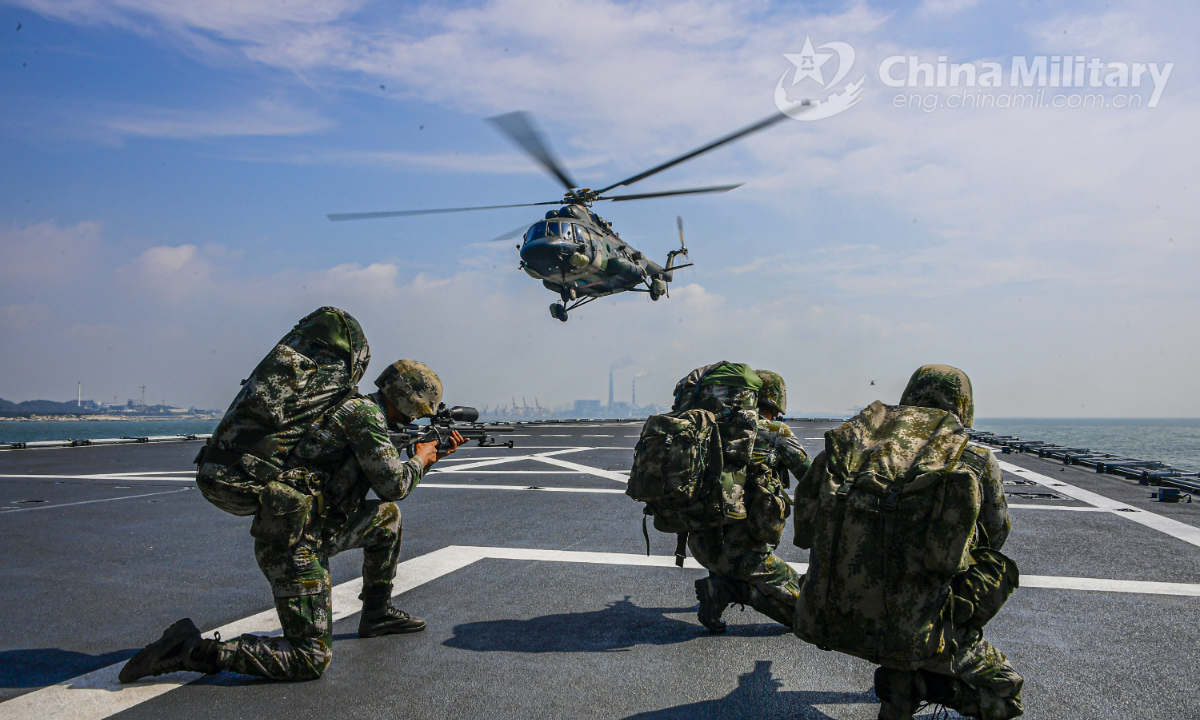 PLA Army soldiers look through the sights of their rifles as they provide security for the hovering transport helicopter during an inter-Services maritime coordinated training exercise with the PLA Navy at an undisclosed sea area on August 3, 2020. They are assigned to an army aviation brigade under the PLA 73rd Group Army. Photo:China Military