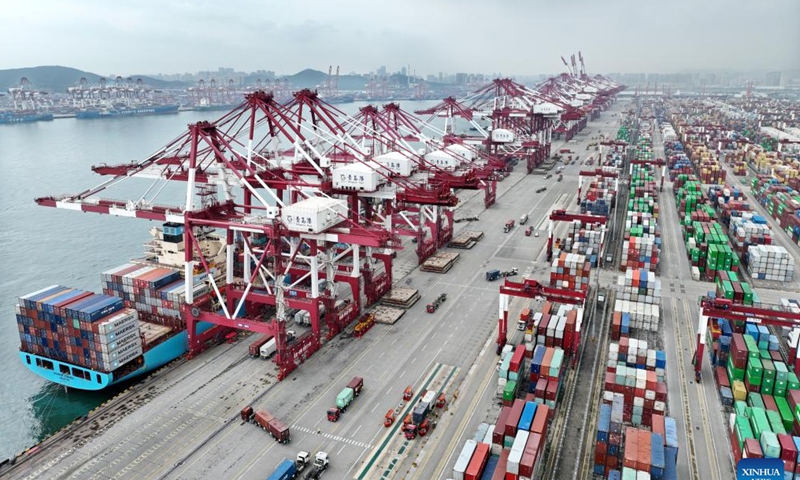 Aerial photo taken on July 29, 2022 shows the Qianwan Container Terminal in Qingdao Port, east China's Shandong Province. Photo: Xinhua 