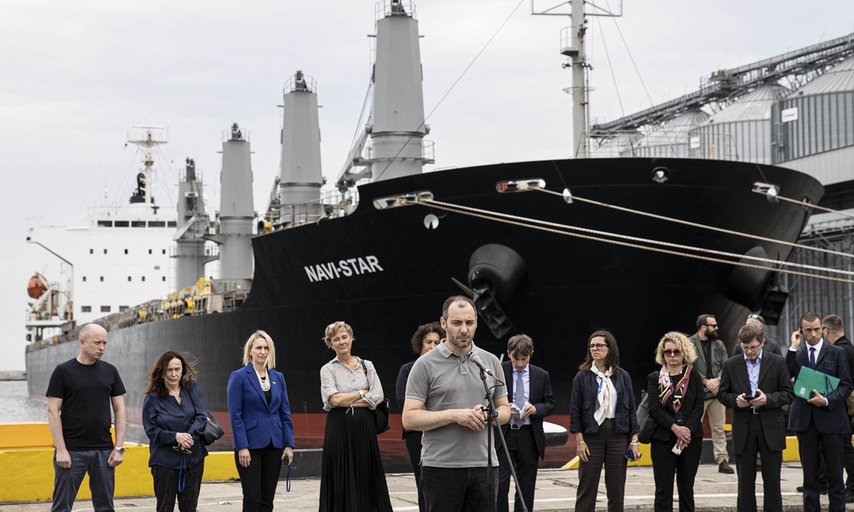 Minister of Infrastructure of Ukraine Oleksandr Kubrakov speaks to reporters at Odessa Port following the UN-backed deal signed by Russia and Ukraine in Istanbul to resume Ukrainian grain exports through the Black Sea, in Odessa, Ukraine on July 29, 2022. Photo: AFP