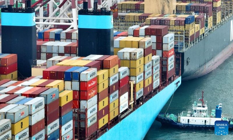 Aerial photo taken on July 29, 2022 shows container ships at the Qianwan Container Terminal in Qingdao Port, east China's Shandong Province. Photo: Xinhua 