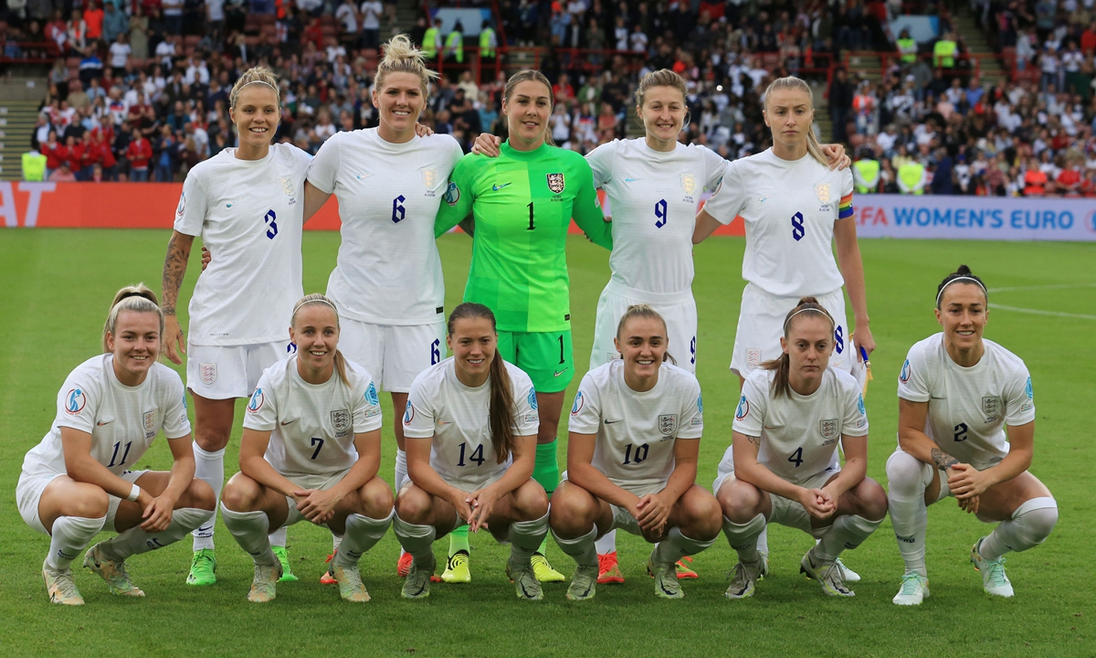 England's midfielder Leah Williamson (back first right) and her teammates pose during the UEFA Women's Euro 2022 semi-final soccer match in Sheffield, England on July 26, 2022. Photo: AFP