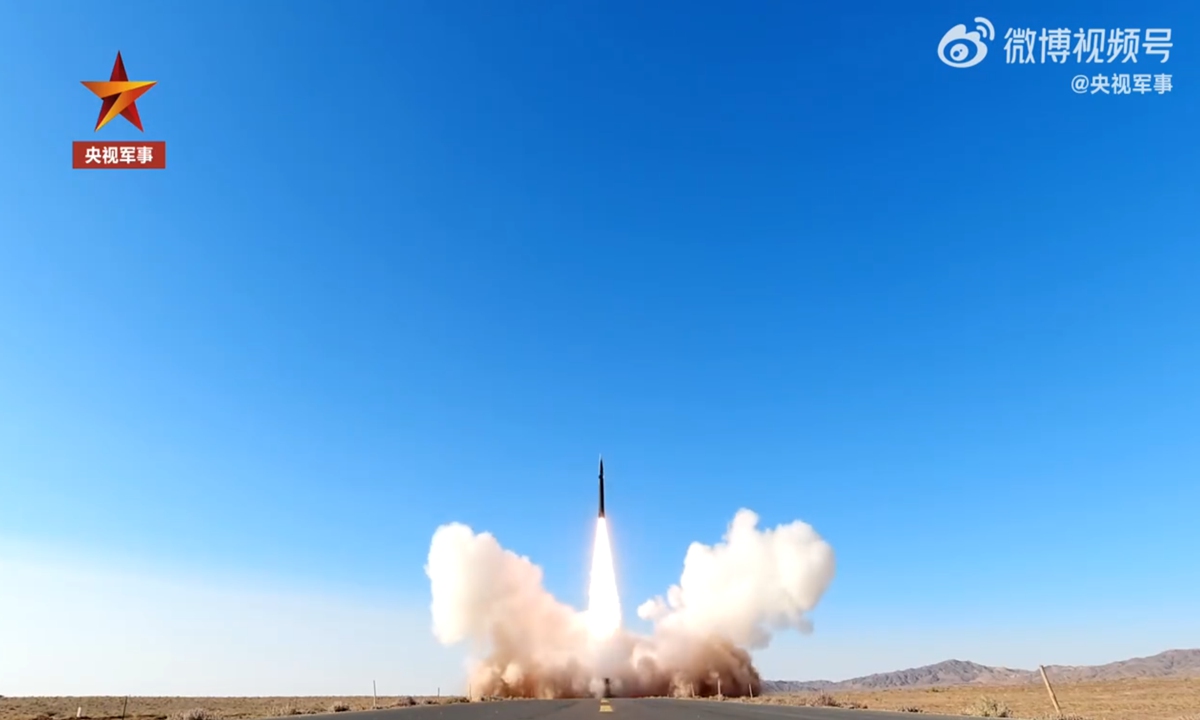 A video celebrating August 1, the 95th anniversary of the founding of the Chinese People's Liberation Army, released by China Central Television on July 30, 2022, displays the live-fire launch of a missile from a transporter erector launcher on a highway in a desert. The missile resembles the DF-17 hypersonic missile, which is publicly displayed at the National Day military parade on October 1, 2019 in Beijing. Photo: Screenshot from China Central Television