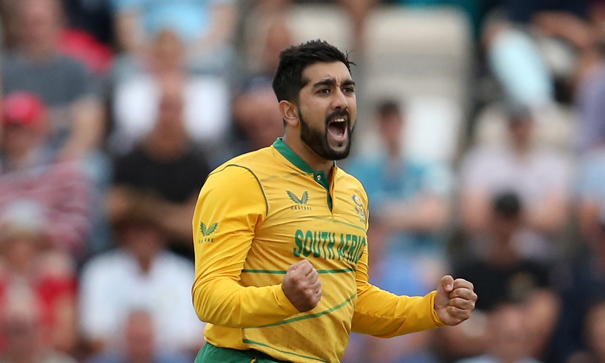 South Africa's Tabraiz Shamsi celebrates after the dismissal of England's Liam Livingstone during the third T20 international cricket match in Southampton, England on July 31, 2022. Photo: AFP
