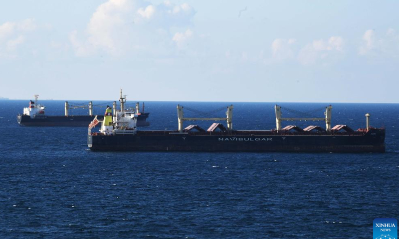 Vessels in the second caravan of ships transporting grain from Ukraine arrives at the Bosphorus Strait in Istanbul, Türkiye, Aug. 6, 2022. Photo: Xinhua
