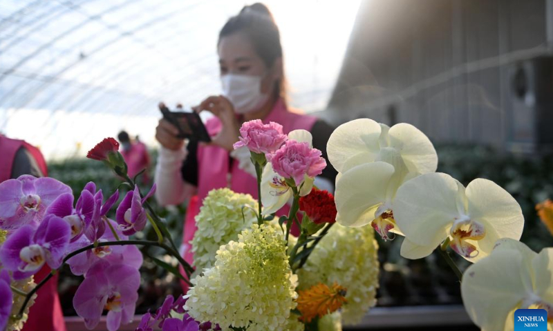 A villager takes photo of her own flower arrangement creations in Xizaozi Village of Donggang District, Rizhao, east China's Shandong Province, Aug. 4, 2022. Photo: Xinhua