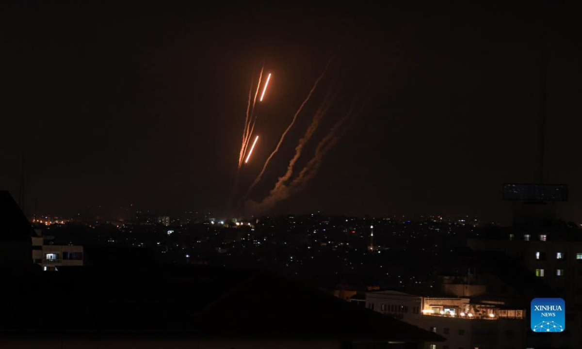Photo taken in Gaza City on Aug. 5, 2022 shows rockets fired toward Israel. Dozens of rockets were fired from the Gaza Strip into Israel on Friday evening by the Palestinian Islamic Jihad (PIJ), all of which were either intercepted or fell in open areas, causing no injuries, the Israeli military said. Photo:Xinhua