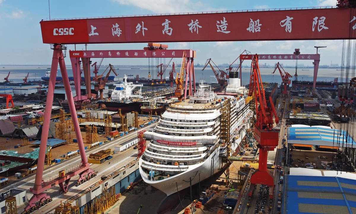 Cruise ship H1508 sits in dry dock as construction work passes the 60-percent mark on August 3, 2022 at a shipyard in Shanghai. H1508 is China's first large cruise ship and is expected to be delivered in the second half of 2023. Photo: VCG