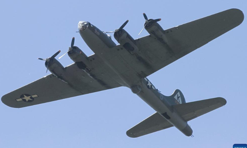 A B-17 Flying Fortress makes an aerial demonstration during the 2022 Abbotsford International Airshow in Abbotsford, Canada, on Aug. 6, 2022. The 2022 Abbotsford International Airshow takes place here from Aug. 5 to Aug. 7.  Photo: Xinhua