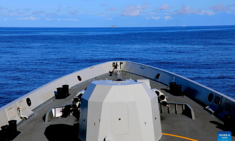 A warship of the navy of the Eastern Theater Command of the Chinese People's Liberation Army (PLA) conducts operations during joint combat exercises and training around the Taiwan Island, Aug. 6, 2022. The Command continued its joint combat exercises and training as scheduled on Saturday in the waters and airspace around the Taiwan Island. The Command tested its capabilities for striking targets on land and sea with the support of an integrated military system. Photo: Xinhua