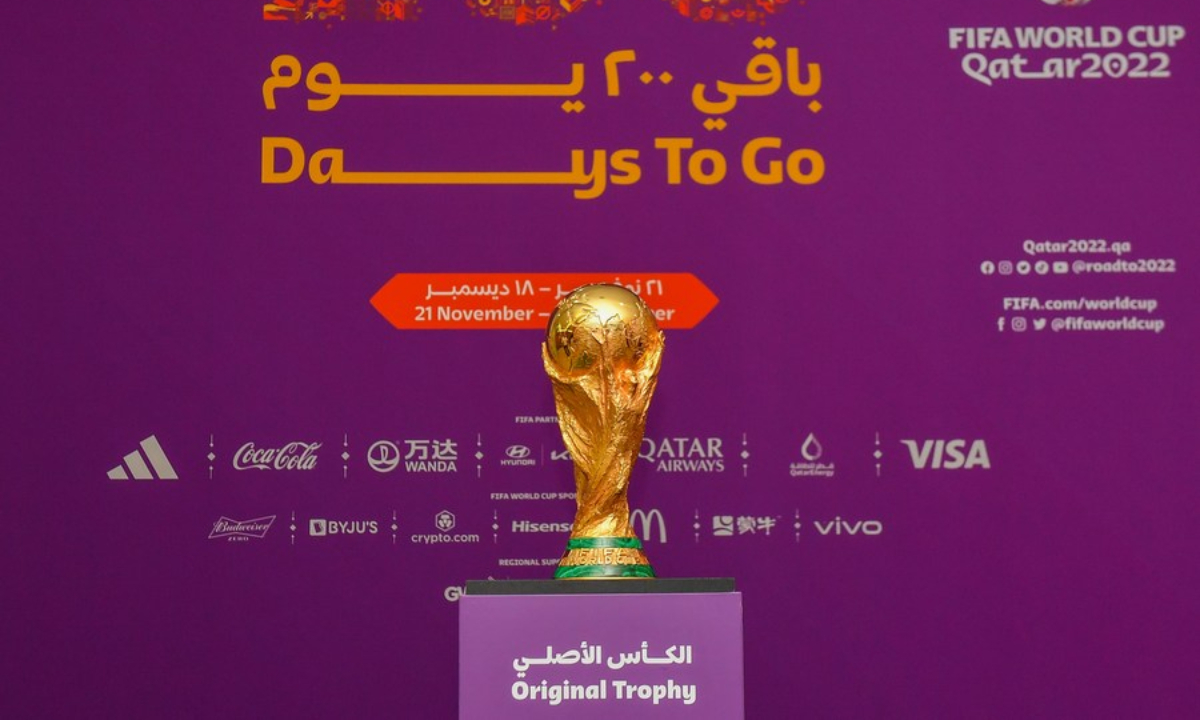 The World Cup trophy is on display during a FIFA World Cup Trophy Tour event as the Qatar 2022 FIFA World Cup counts down 200 days to kick-off in Doha, Qatar, May 5, 2022.(Photo: Xinhua)