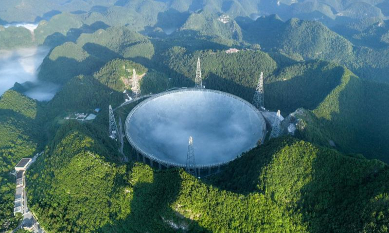 Aerial photo taken on the early morning of July 25, 2022 shows a panoramic view of China's Five-hundred-meter Aperture Spherical Radio Telescope (FAST) under maintenance in southwest China's Guizhou Province. Located in a naturally deep and round karst depression in southwest China's Guizhou Province, FAST started formal operation in January 2020 and officially opened to the world on March 31, 2021. It is believed to be the world's most sensitive radio telescope. With FAST, scientists have identified over 660 new pulsars. (Xinhua/Ou Dongqu)