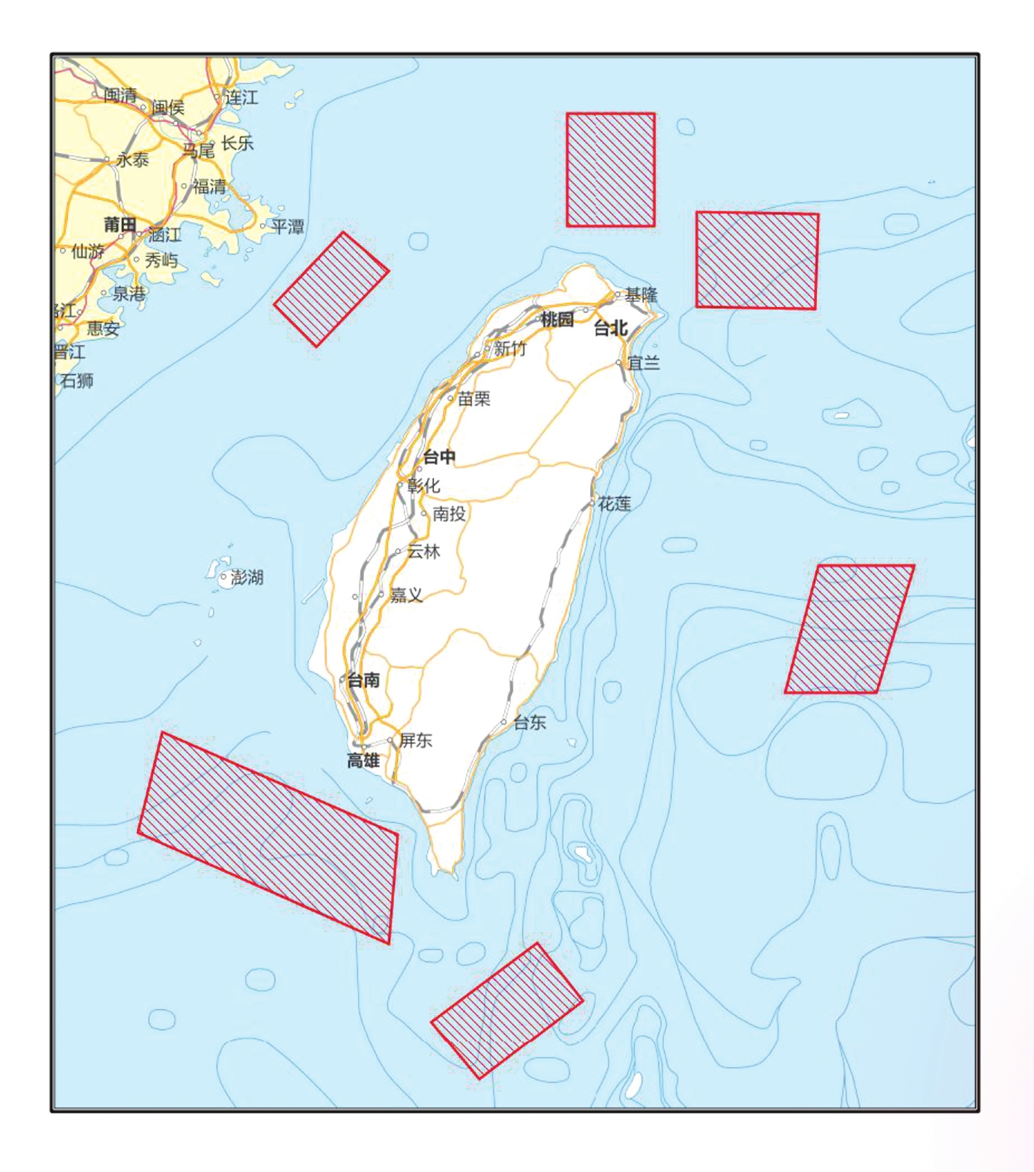 A sketch map shows the six regions where the People's Liberation Army will conduct important military exercises and training activities including live-fire drills surrounding the Taiwan island from August 4 to 7, 2022. Photo: Xinhua