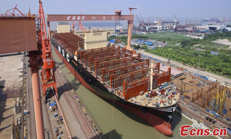 The world's largest container ship is successfully undocked in Shanghai, Aug. 1, 2022. (Photo: China News Service/Zhang Li)

