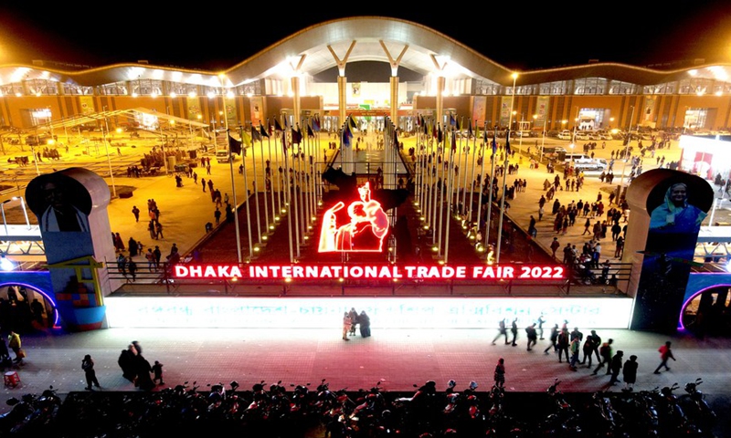 Photo taken on Jan. 2, 2022 shows the Bangabandhu Bangladesh-China Friendship Exhibition Center (BBCFEC) where the 2022 Dhaka International Trade Fair is held, in Purbachal on the outskirts of Dhaka, Bangladesh.(Photo: Xinhua)