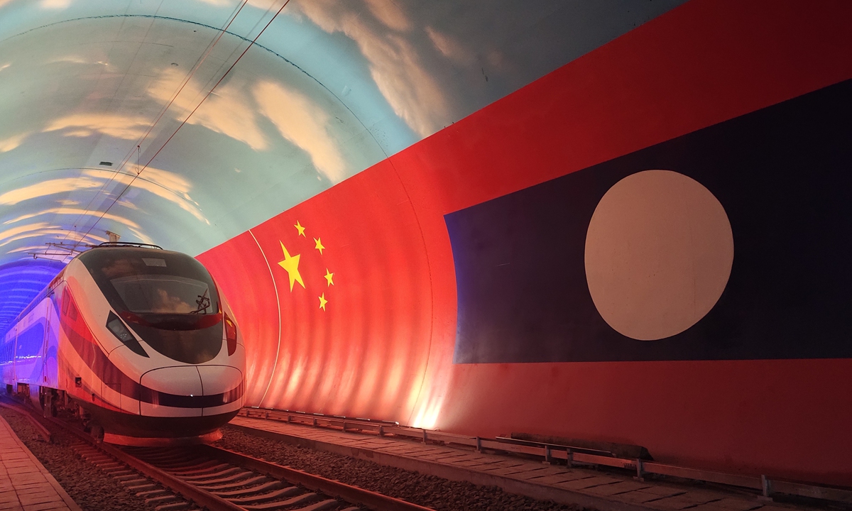 A bullet train passes through the China-Laos border inside the China-Laos Railway's Friendship Tunnel on October 15, 2021. Photo: Xinhua