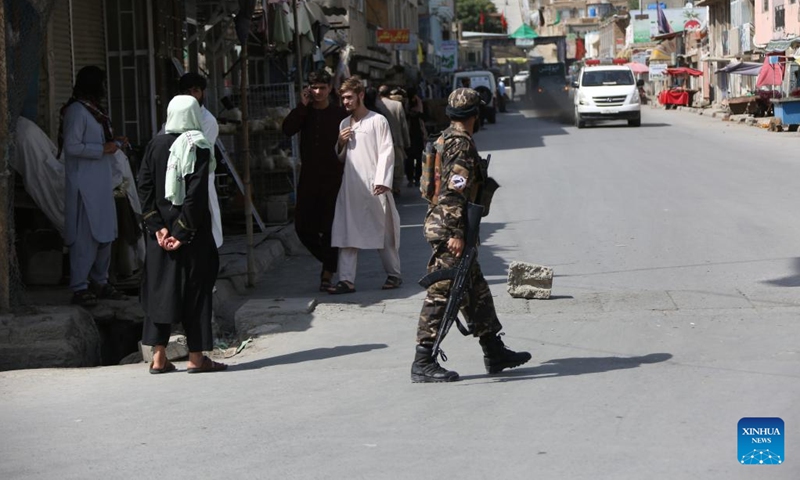 An Afghan security force member stands guard near the site of an attack in Kabul, Afghanistan, Aug. 3, 2022. Gunshots were heard in the Karta-e-Sakhi locality on the western edge of Afghanistan's capital city of Kabul on Wednesday, local television channel Tolonews reported.(Photo: Xinhua)