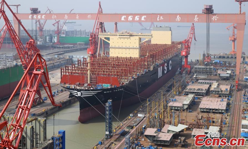 The world's largest container ship is successfully undocked in Shanghai, Aug. 1, 2022. The ship, with a capacity of 24,116 TEUs, was undocked at the shipyard on Monday, marking another breakthrough for the Chinese shipbuilder in building ultra large container vessels. (Photo: China News Service/Zhang Li)

