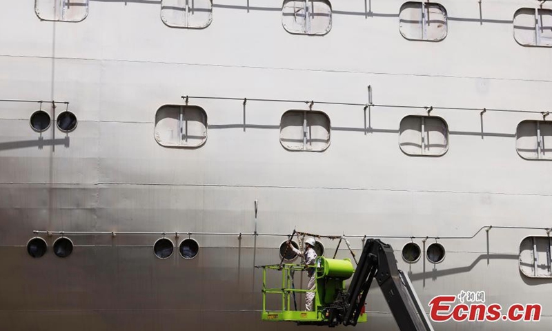 Cruise ship H1508, China's first large cruise ship, is under construction in Shanghai. The overall construction progress on the vessel passes 60 percent at the end of May, 2022 and H1508 ship is expected to be delivered in the second half of 2023.(China News Service/Yin Liqin)