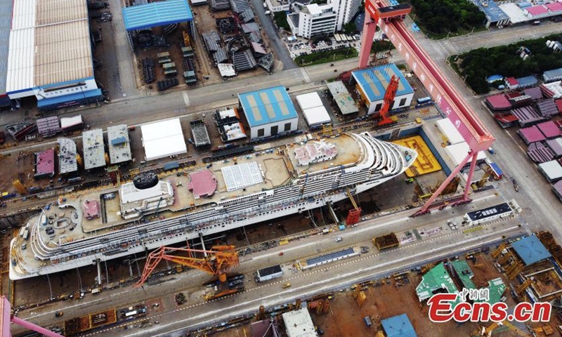 Cruise ship H1508, China's first large cruise ship, is under construction in Shanghai. The overall construction progress on the vessel passes 60 percent at the end of May, 2022 and H1508 ship is expected to be delivered in the second half of 2023.(China News Service/Yin Liqin)