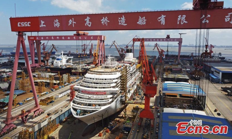 Cruise ship H1508, China's first large cruise ship, is under construction in Shanghai. The overall construction progress on the vessel passes 60 percent at the end of May, 2022 and H1508 ship is expected to be delivered in the second half of 2023. (China News Service/Yin Liqin)