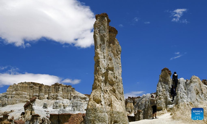 Tourists enjoy the landscape of earth forest in Zanda County, southwest China's Tibet Autonomous Region, Aug. 3, 2022.(Photo: Xinhua)