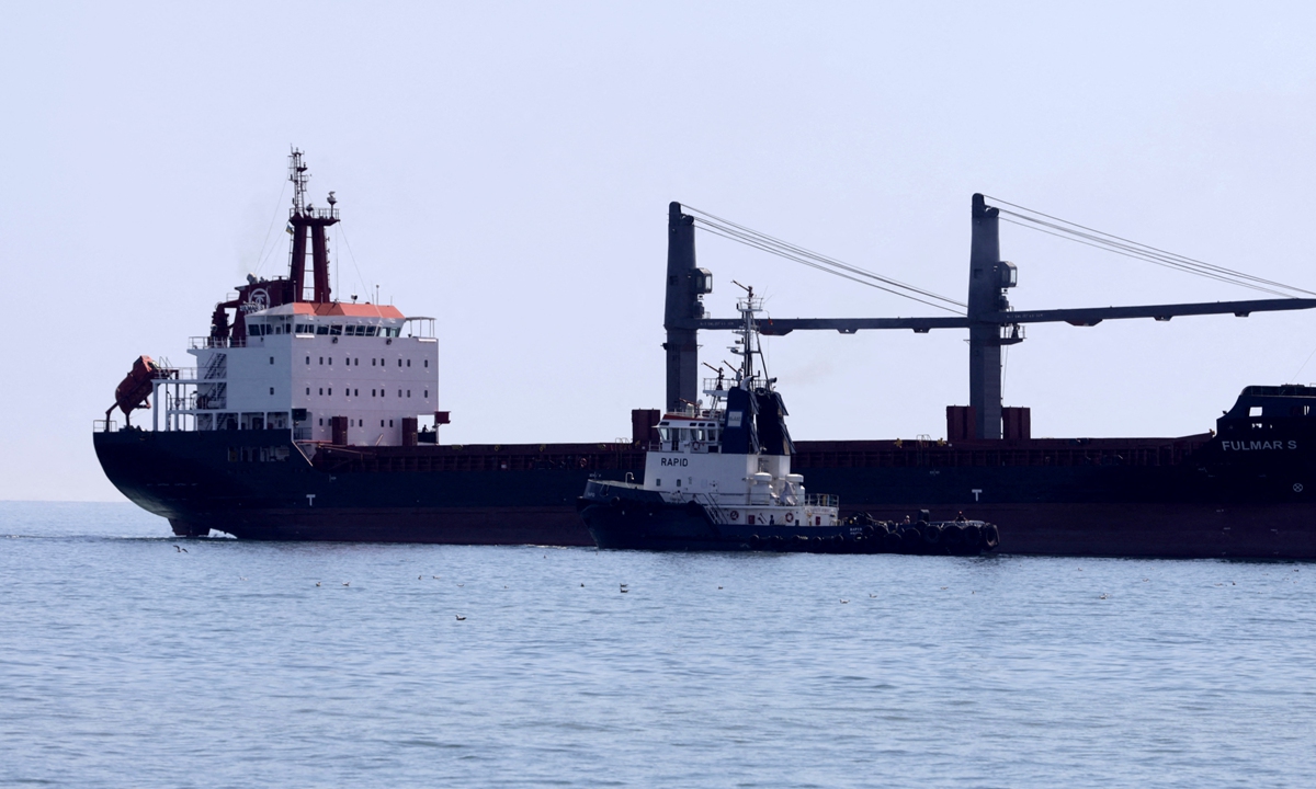 The Fulmar S bulk carrier, registered in Barbados, sails toward the port of Chornomorsk on the Black Sea on August 7, 2022, the first ship to enter a Ukrainian port following the Russian military operation in Ukraine. The empty carrier will be loaded with grain. Ukraine and Russia signed a deal with Turkey and the United Nations aimed at relieving the global food crisis. Photo: AFP