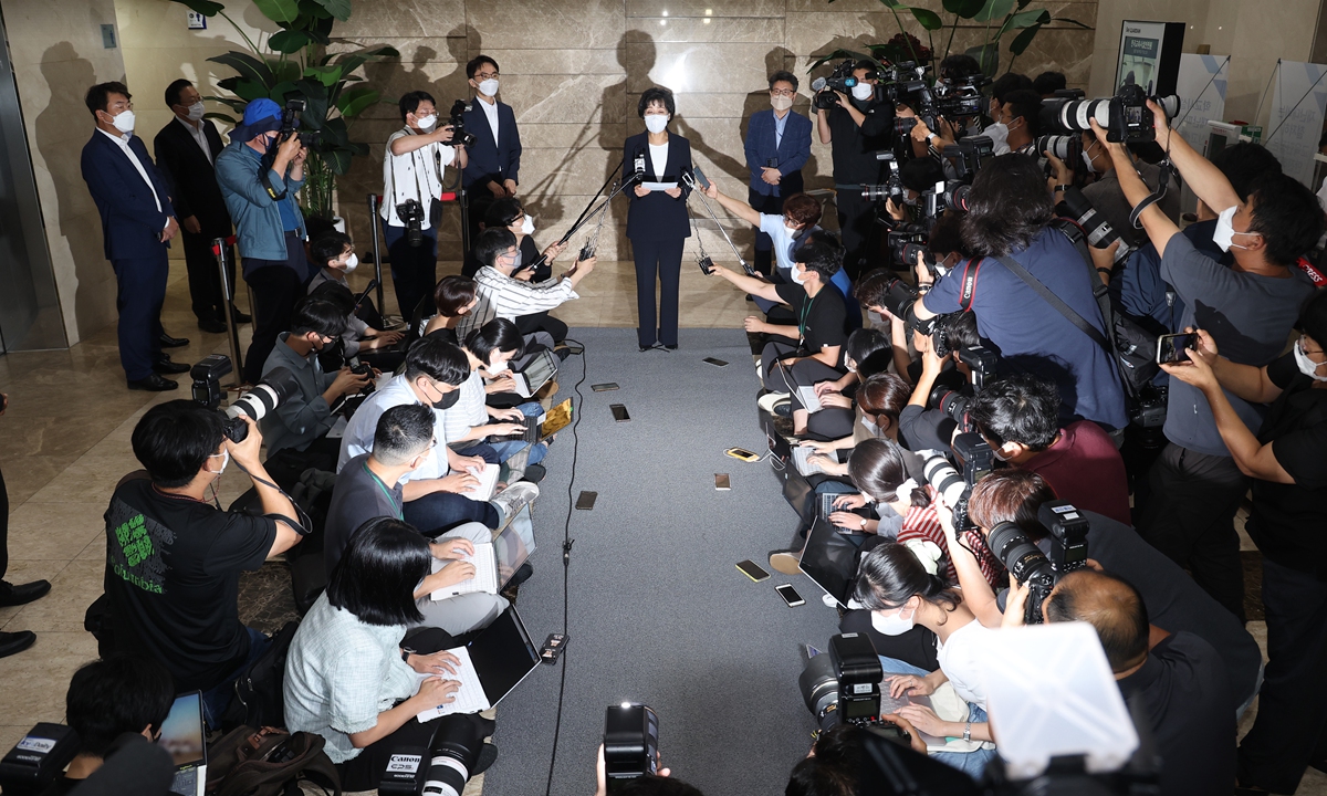 South Korean Deputy Prime Minister and Minister of Education Park Soon-ae announces her resignation, amid a backlash over her proposal to lower the school entry age, in Seoul, on August 8, 2022. Park's resignation came two weeks after the ministry said it would bring forward school enrolment by one year to age 5, beginning as early as 2025, if it gained consensus public support. Photo: VCG
