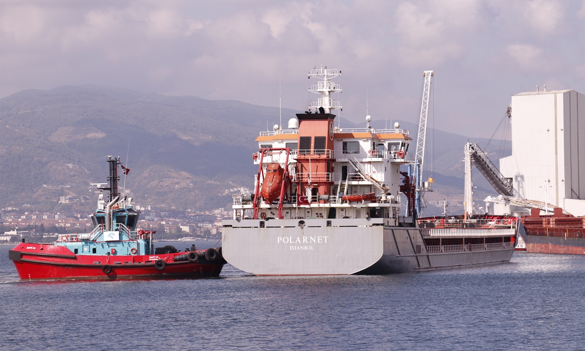 The Turkish-flagged ship Polarnet carrying 12,000 tons of corn from Ukraine arrives at Derince Port, Turkey, on August 8, 2022. The cargo ship, which left Chornomorsk, Ukraine on August 5, became the first such vessel to reach its final destination under a UN-led deal to ensure grain supplies. Photo: VCG