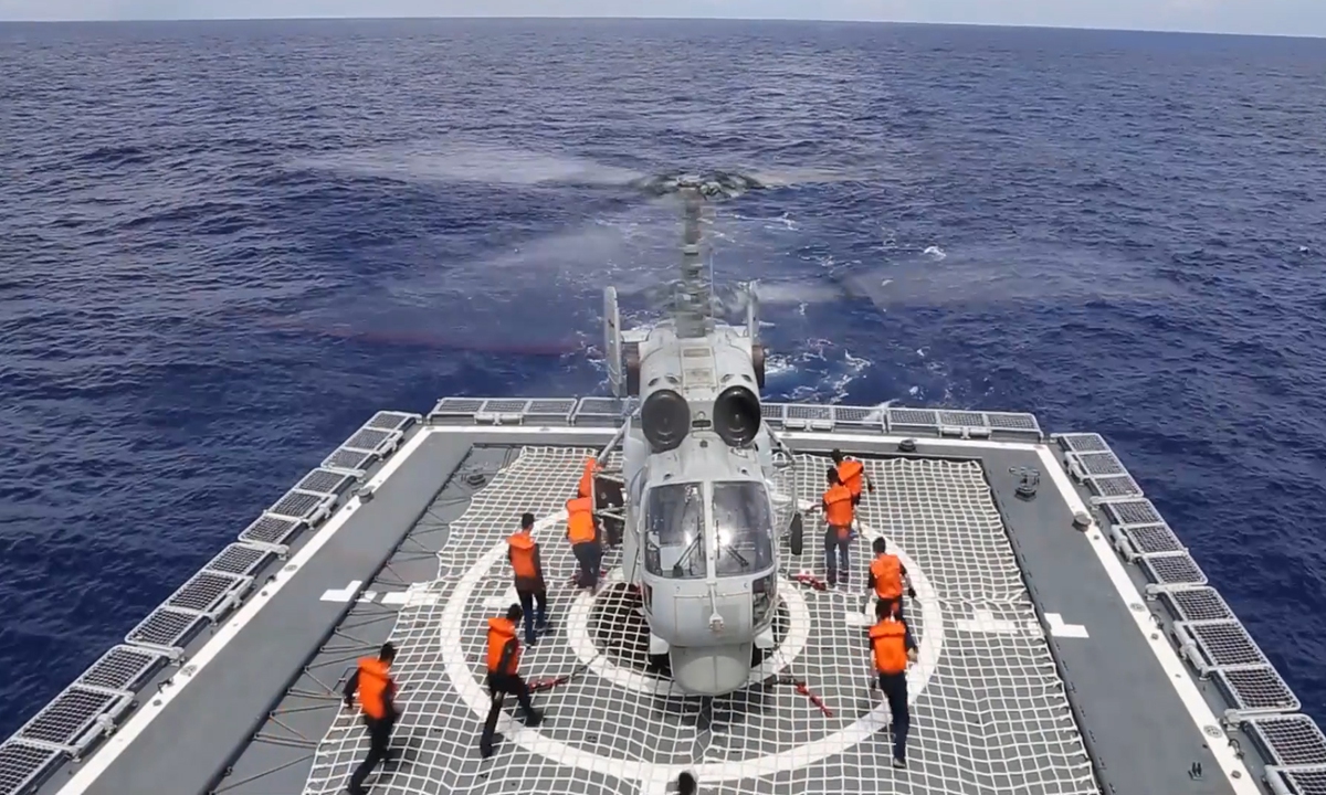 A Ka-28 anti-submarine helicopter of the Chinese People's Liberation Army (PLA) on the flight deck of the Type 052C guided missile destroyer Changchun on August 8, 2022. The PLA Eastern Theater Command continued realistic combat-oriented joint exercises in sea and air space around the island of Taiwan on Monday. Photo: Courtesy of PLA Eastern Theater Command's Sina Weibo account