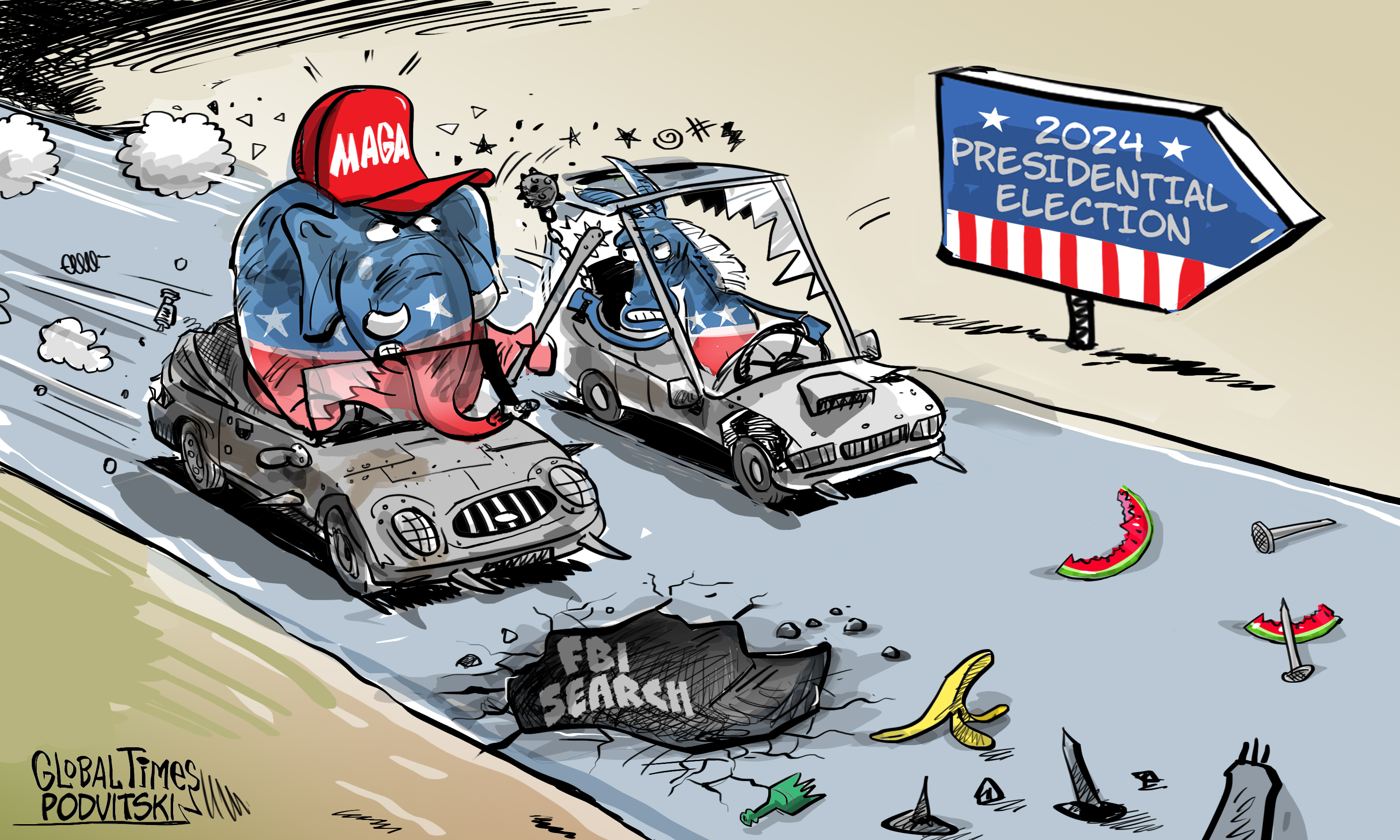 US partisan conflicts escalate as both parties target the 2024 presidential election. Cartoon: Vitaly Podvitski