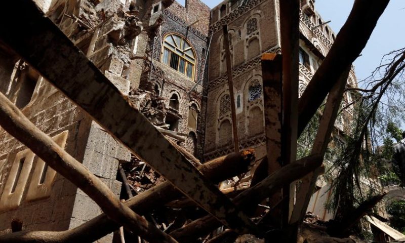 Photo taken on Aug. 10, 2022 shows a building badly damaged in days of heavy rainfall in the old city of Sanaa, Yemen. The old city of Sanaa was inscribed on the World Heritage List of the UNESCO in 1986. (Photo by Mohammed Mohammed/Xinhua)