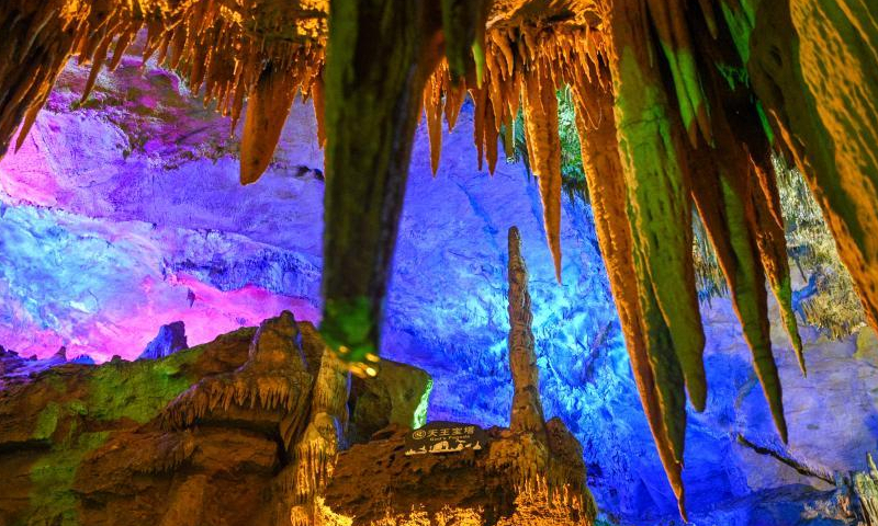 Colored lights illuminate the geological formations at the Benxi Water Cave, a large-scale underground karst, in Benxi, northeast China's Liaoning Province, Aug. 10, 2022. (Photo: China News Service/Yu Haiyang)
Developed about 500,000 years ago, the cave has more than 400,000 cubic meters internal space and a total length of 5,800 meters. Comprising a dry cave and a water cave, it is the world's longest underground karst cave with water.
