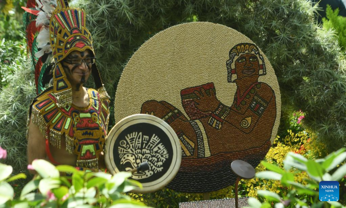 A seed mosaic art medallion is displayed during the opening day of Hanging Gardens - Mexican Roots floral display, held at Flower Dome of the Singapore's Gardens by the Bay on Aug 19, 2022. Photo:Xinhua