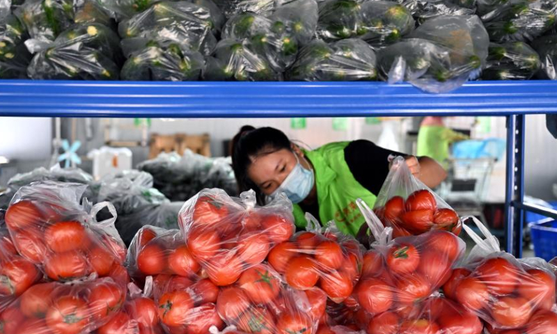 A staff member arranges packed vegetables at a dispatch site of an on-line shopping service in Sanya, south China's Hainan Province, Aug. 13, 2022.  Photo: Xinhua