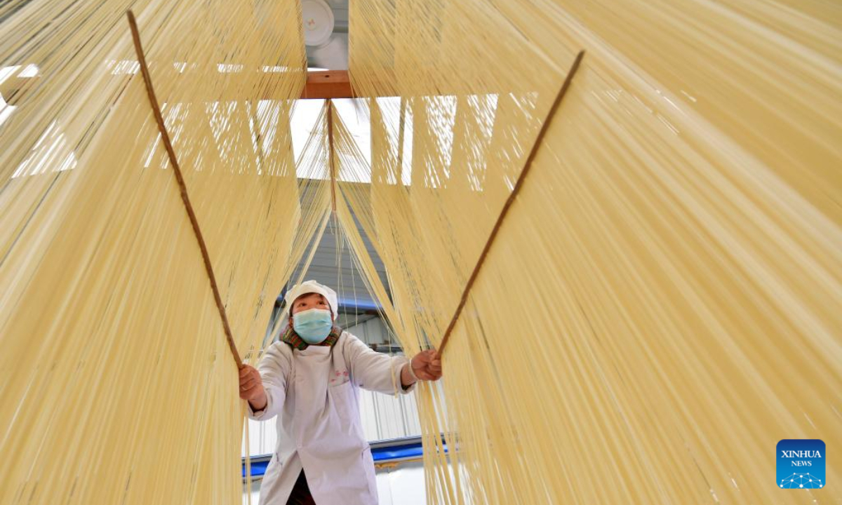 A villager dries hollow noodles at a noodle cooperative of Li Changman in Meidi Village of Bao'an Township in Luonan County of Shangluo City, northwest China's Shaanxi Province, March 18, 2022. Photo:Xinhua