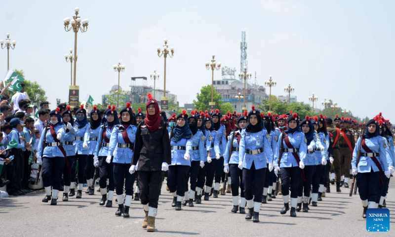 Pakistani police force march during an event to celebrate the country's Independence Day in Islamabad, capital of Pakistan, on Aug. 13, 2022.  Photo: Xinhua