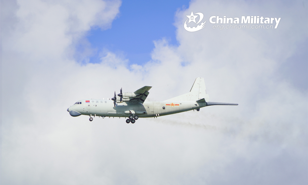 An antisubmarine aircraft attached to an aviation regiment of the naval force under the PLA Southern Theater Command flies to the designated air space in an antisubmarine training operation on July 12, 2022. Photo:China Military